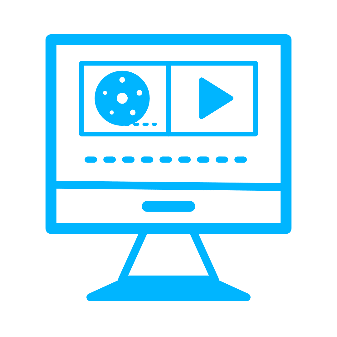 Eine Grafik von einem Moniotr auf dem man eine Filmrolle und ein Playsymbol sieht, als Zeichen der Postproduktion im Bereich Film.